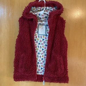 Mini Boden Red Fuzzy Hooded Vest with Floral Lining